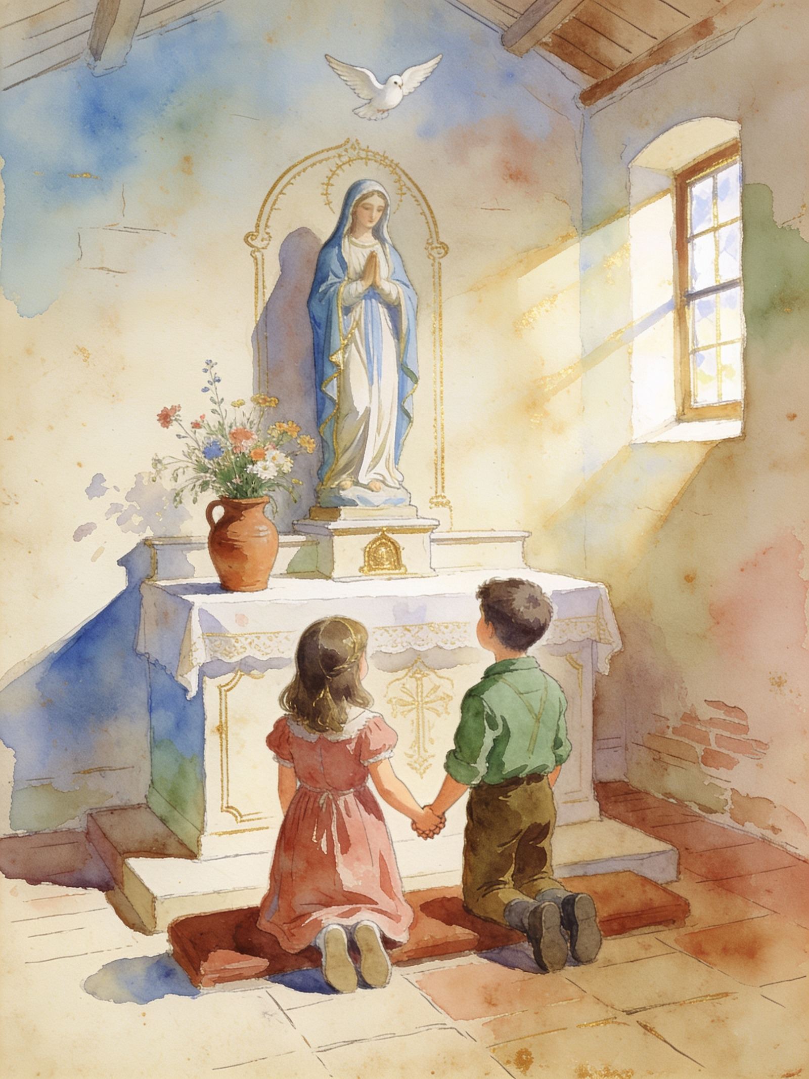 Una niña de vestido rosa y un niño rezan arrodillados ante una imagen de la Virgen en una capilla encalada