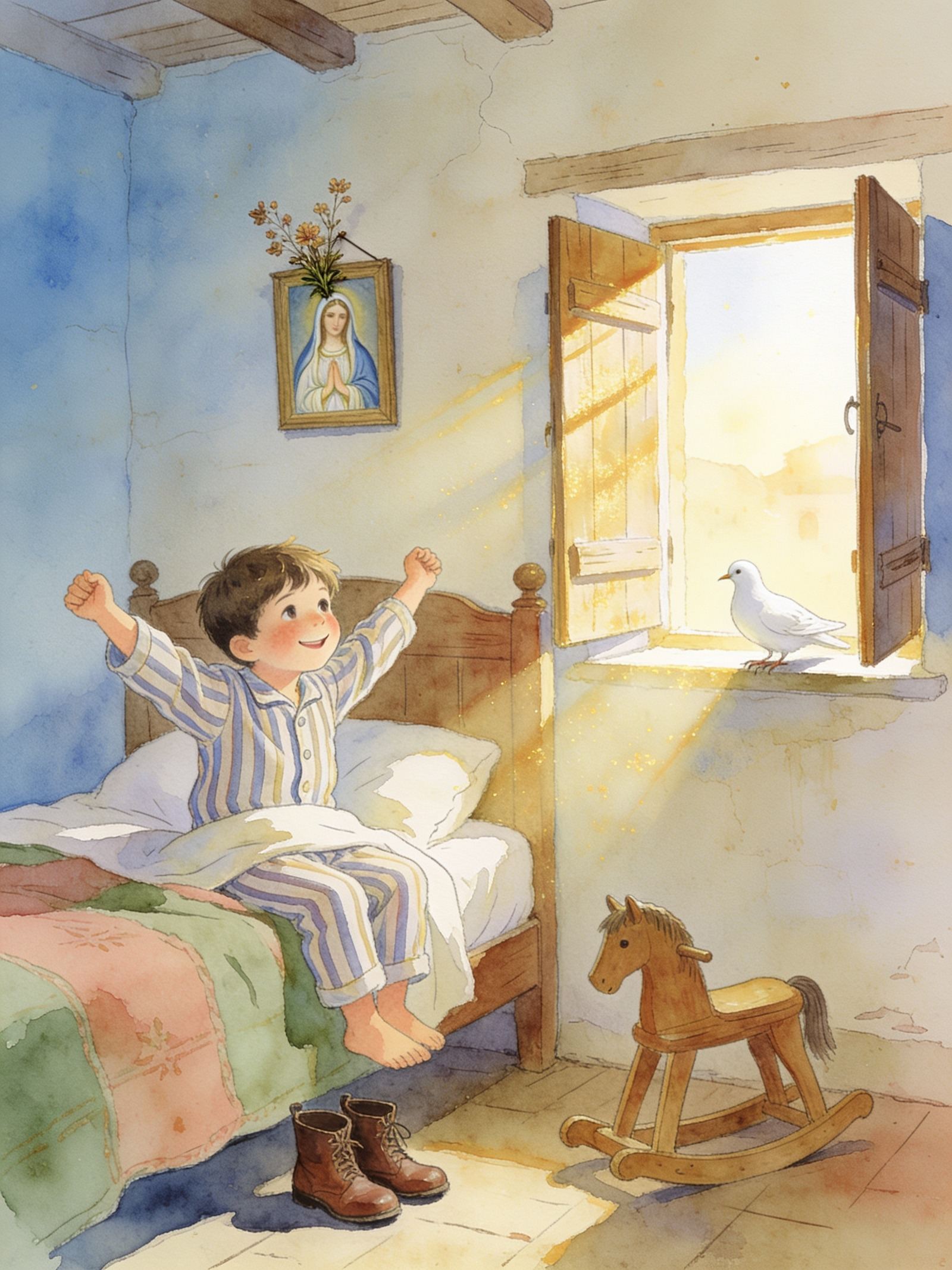 Un niño en pijama de rayas se despereza en la cama mientras entra el sol y una paloma blanca se posa en la ventana