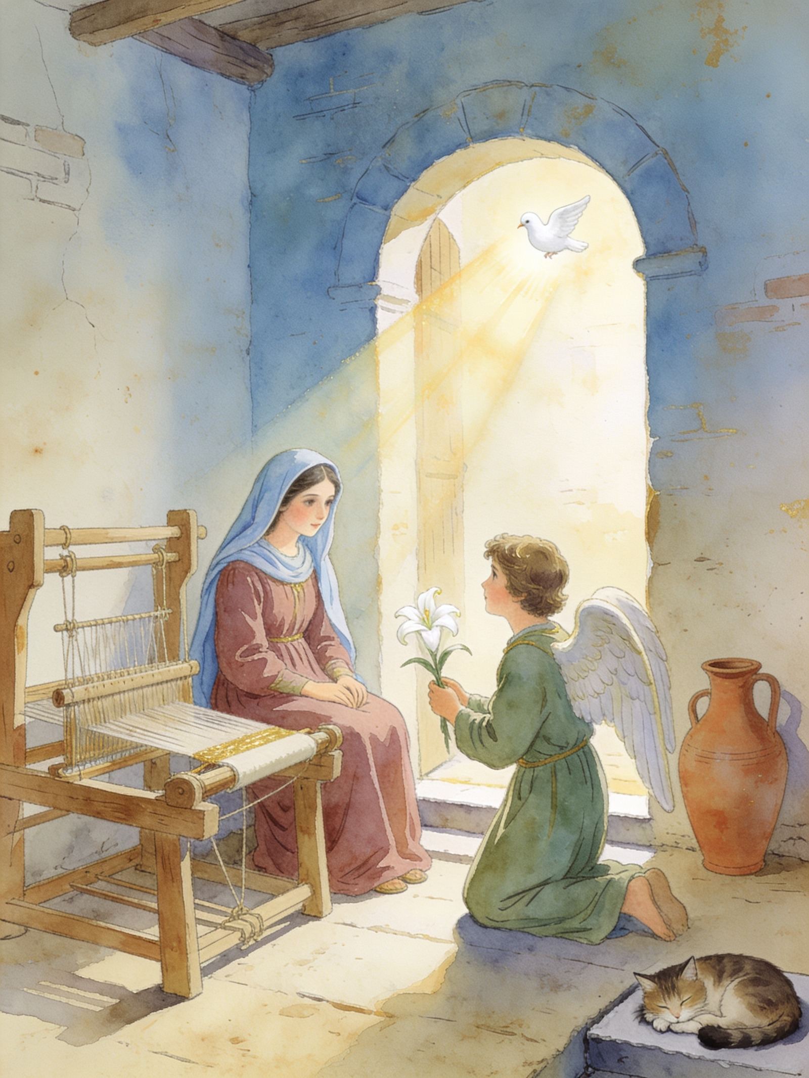 El ángel Gabriel, con un lirio, saluda a María junto a su telar en Nazaret