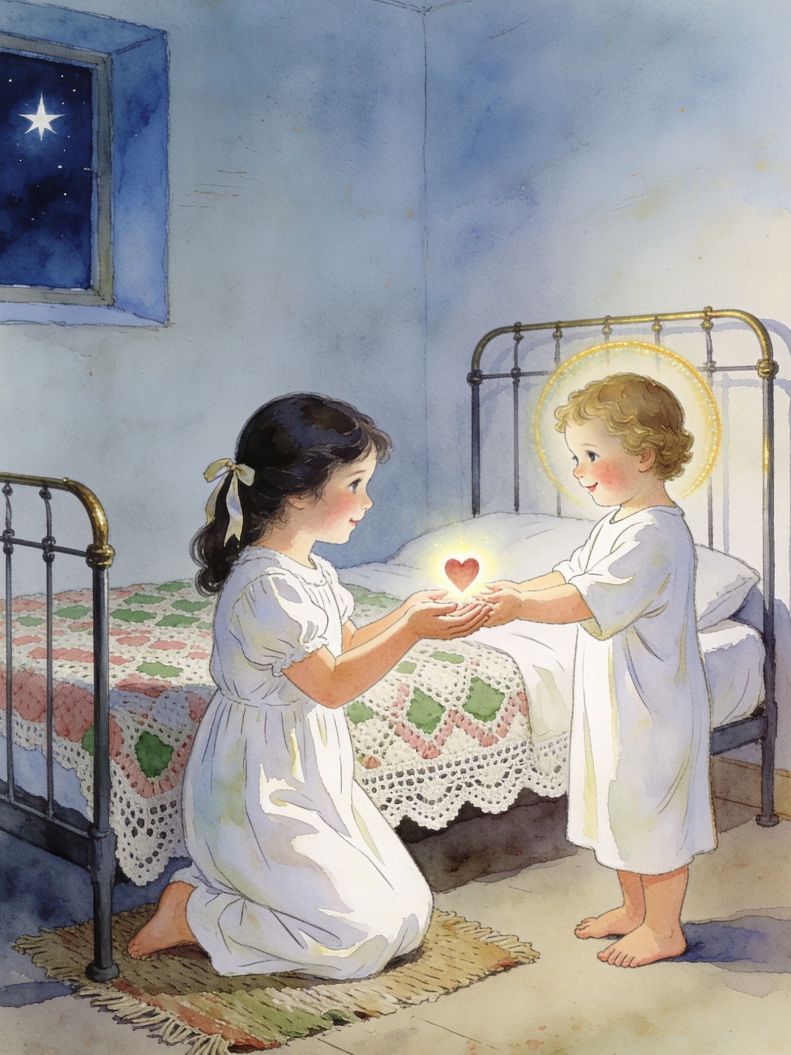 Una niña arrodillada junto a su cama ofrece su corazón al Niño Jesús, en acuarela